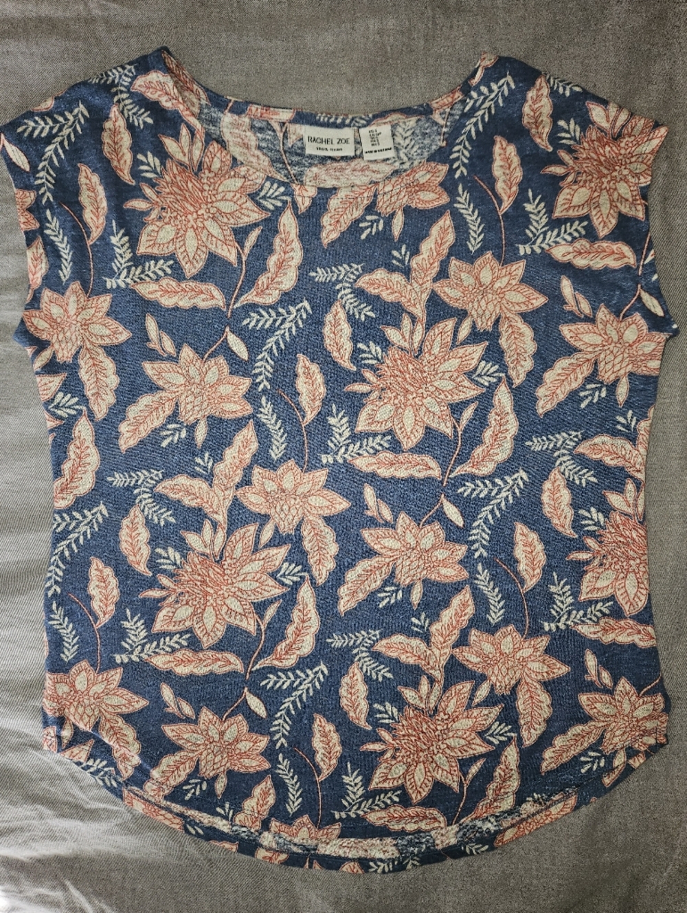 Rachel Zoe 100% Linen Blue and Coral Floral Linen Top